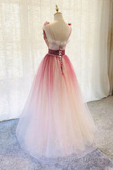 A-Line Burgundy V Neck Tulle Sequin Long Prom Dresses Burgundy Evening Dresses